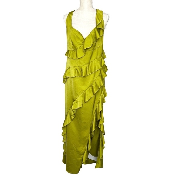 PRETTYLITTLETHING Size 16 Olive Satin Frill Layered Midaxi - Picture 1 of 9